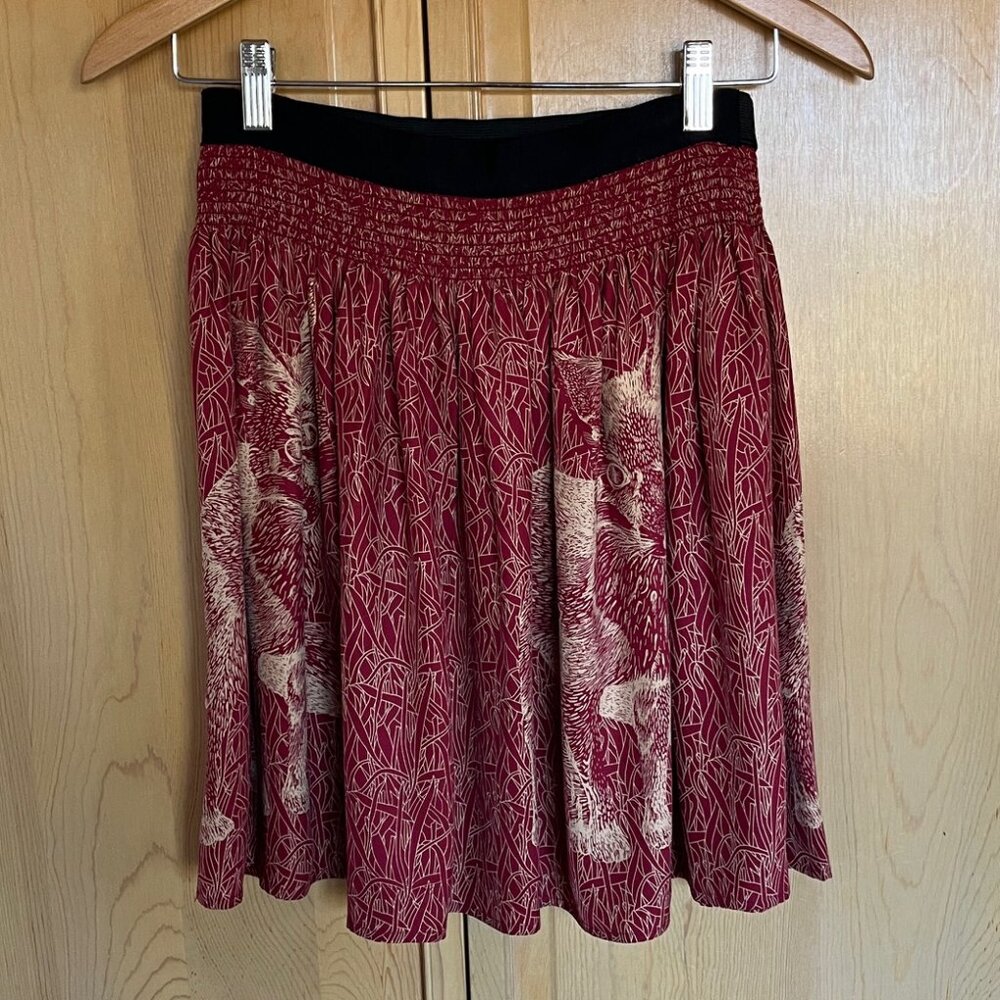 Dark red silk fox print skirt